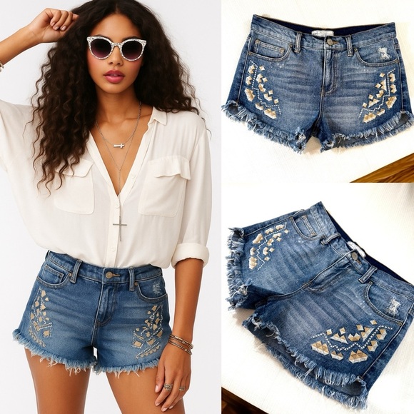 Embroidered Free People Denim Shorts - Picture 1 of 9